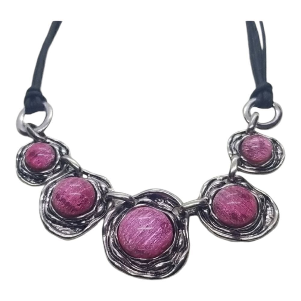 Pink Necklace Glass Bead Wavy Silver Black Rope Necklace